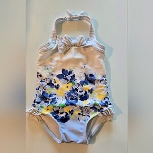 Janie and Jack White and Blue One Piece Floral VTG Swimsuit with Bow 12-18months